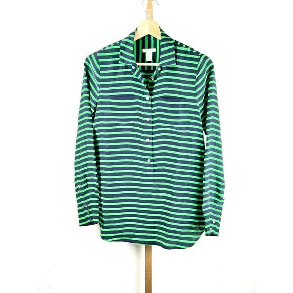 J. Crew 100% Silk Navy and Green Striped Collared Button-Up Sz 0 Excellent Cond. - Picture 1 of 7